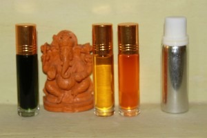 Ayruvedic Oils: from right to left, Lavender, Saffron oil, Sandalwood oil, Lotus oil