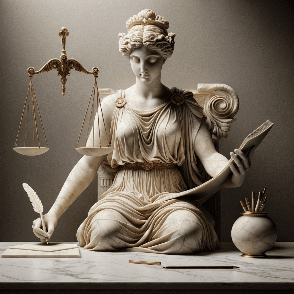 Athena Nike writing laws with the scales of justice: Dall-E and Elliot Telford