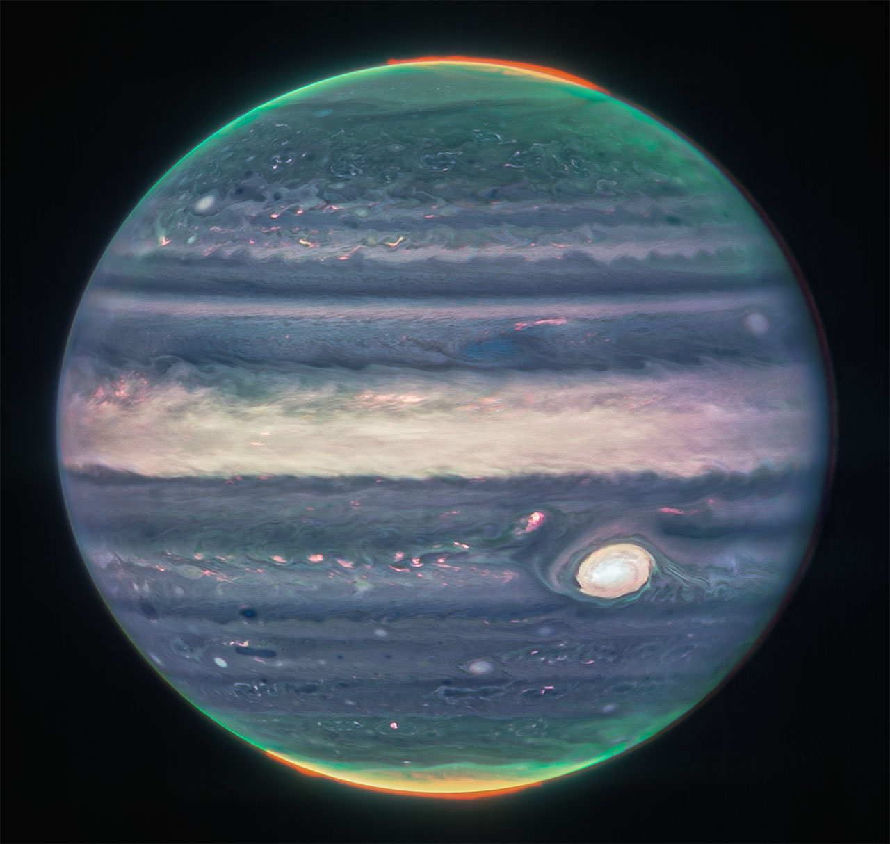 James Webb telescope image of Jupiter's atmospherics and auras from NASA