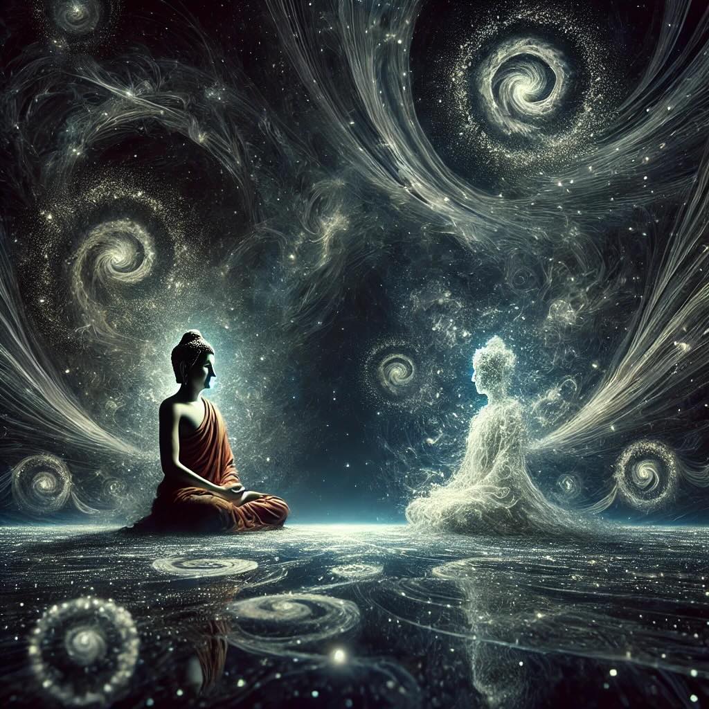 buddha having a conversation with Alara Kalama in the infinite projections of the sands of time