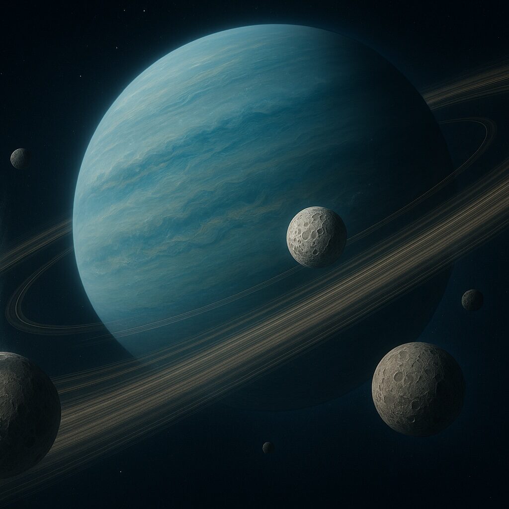 Uranus with Rings and Moons lying just oustide of the planet