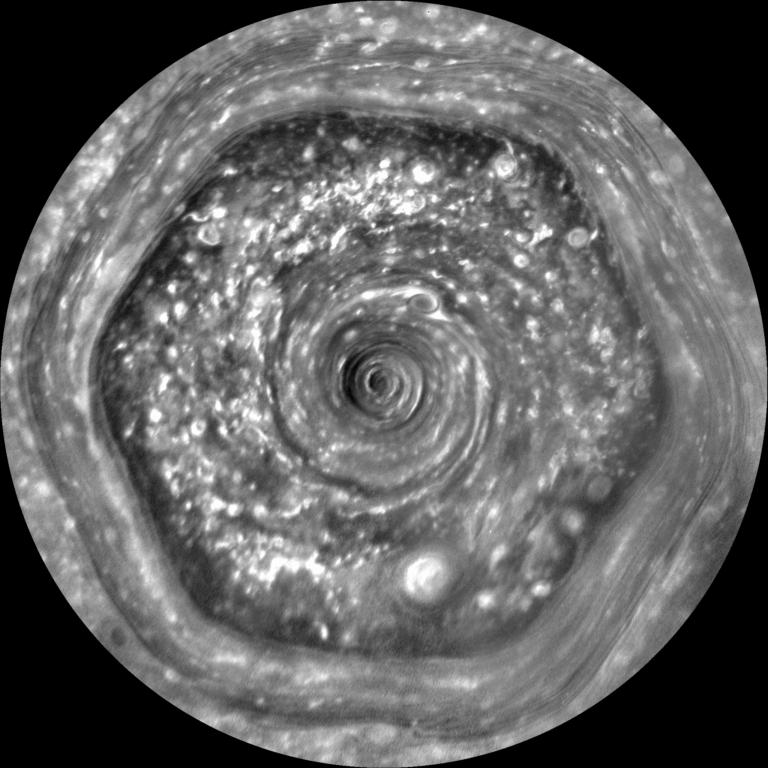 Casini saturn Hexagonal Polar Storm rotating animation with several storm cells - NASA