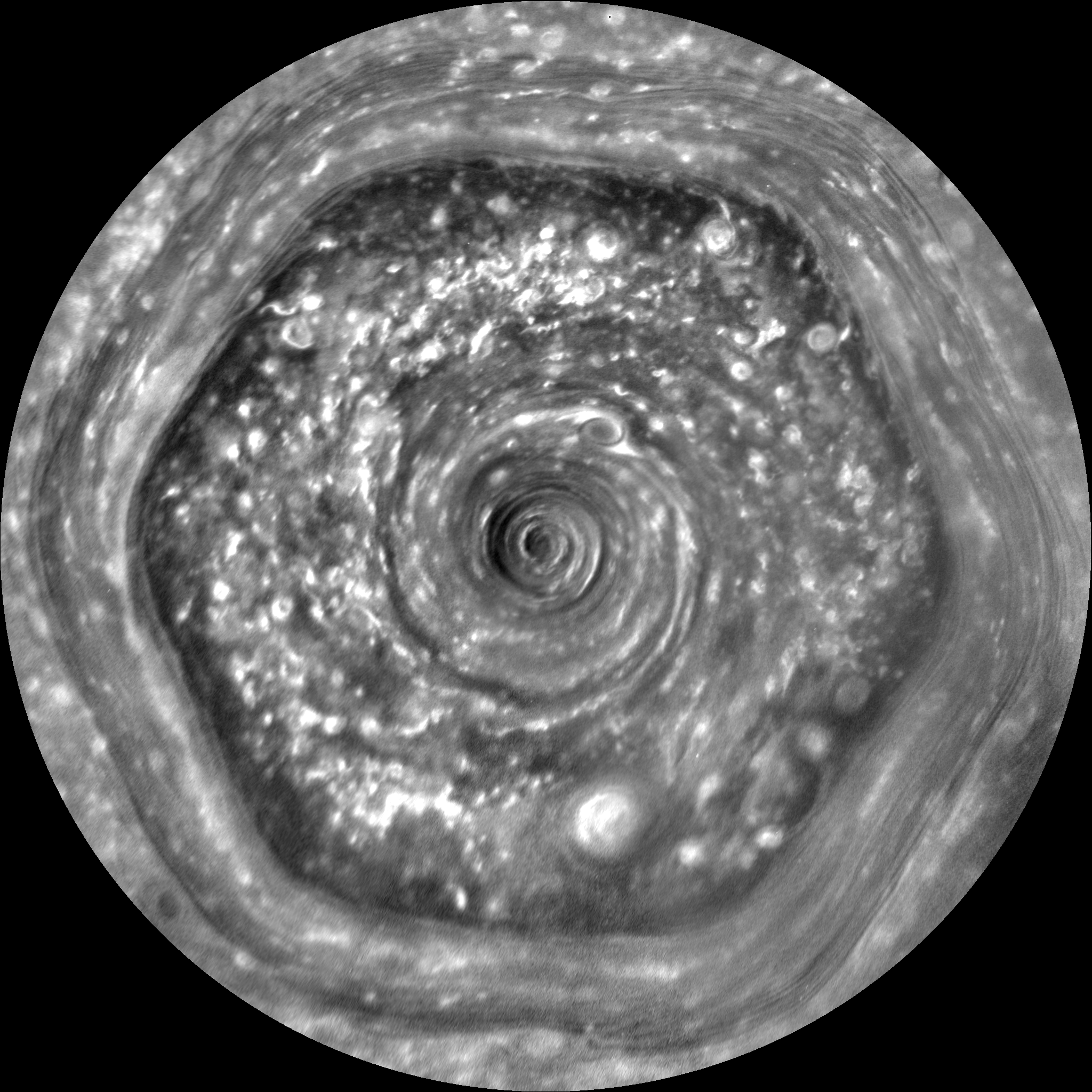 Casini saturn Hexagonal Polar Storm rotating animation with several storm cells - NASA