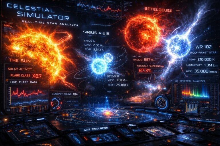 Celestial Simulator Graphic Depicting major star systems and events studied by the Celestial Simulator App.