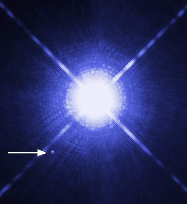 Image of the Sirius system taken by the Hubble Space Telescope. Sirius B, which is the closest white dwarf to Earth, can be seen as a faint point of light to the lower left of the much brighter Sirius A.