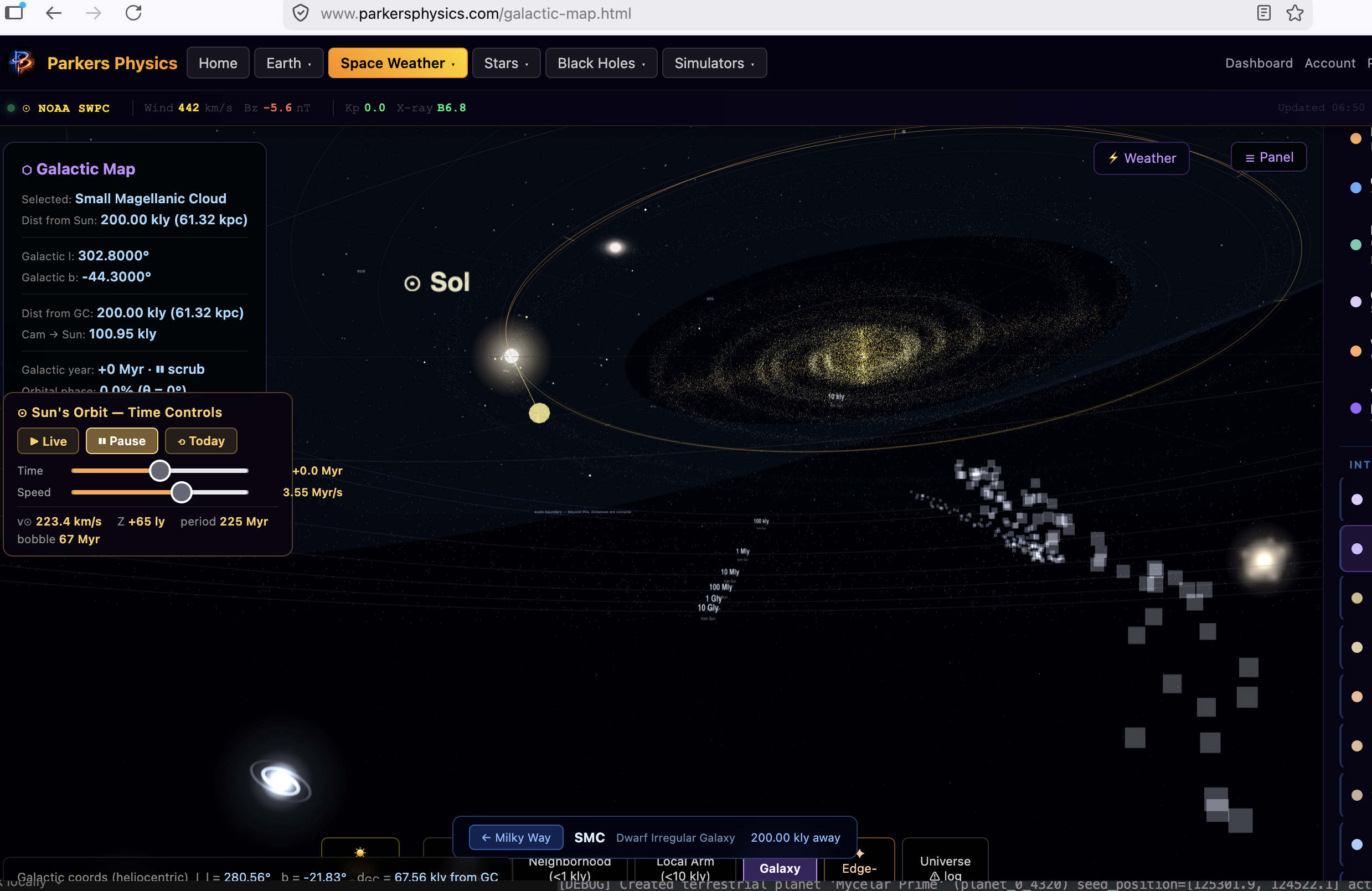 alt="Interactive galaxy map simulation in Parker's Physics showing stars black holes and nebulae"