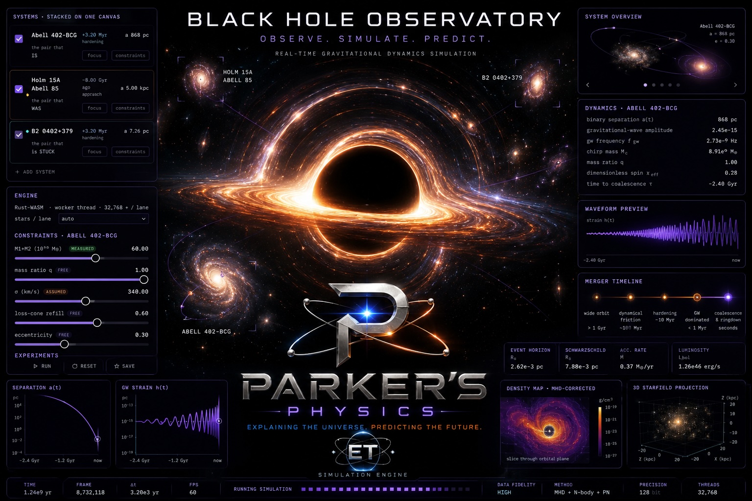 Black Hole Observatory interface showing galaxy mergers and binary black holes