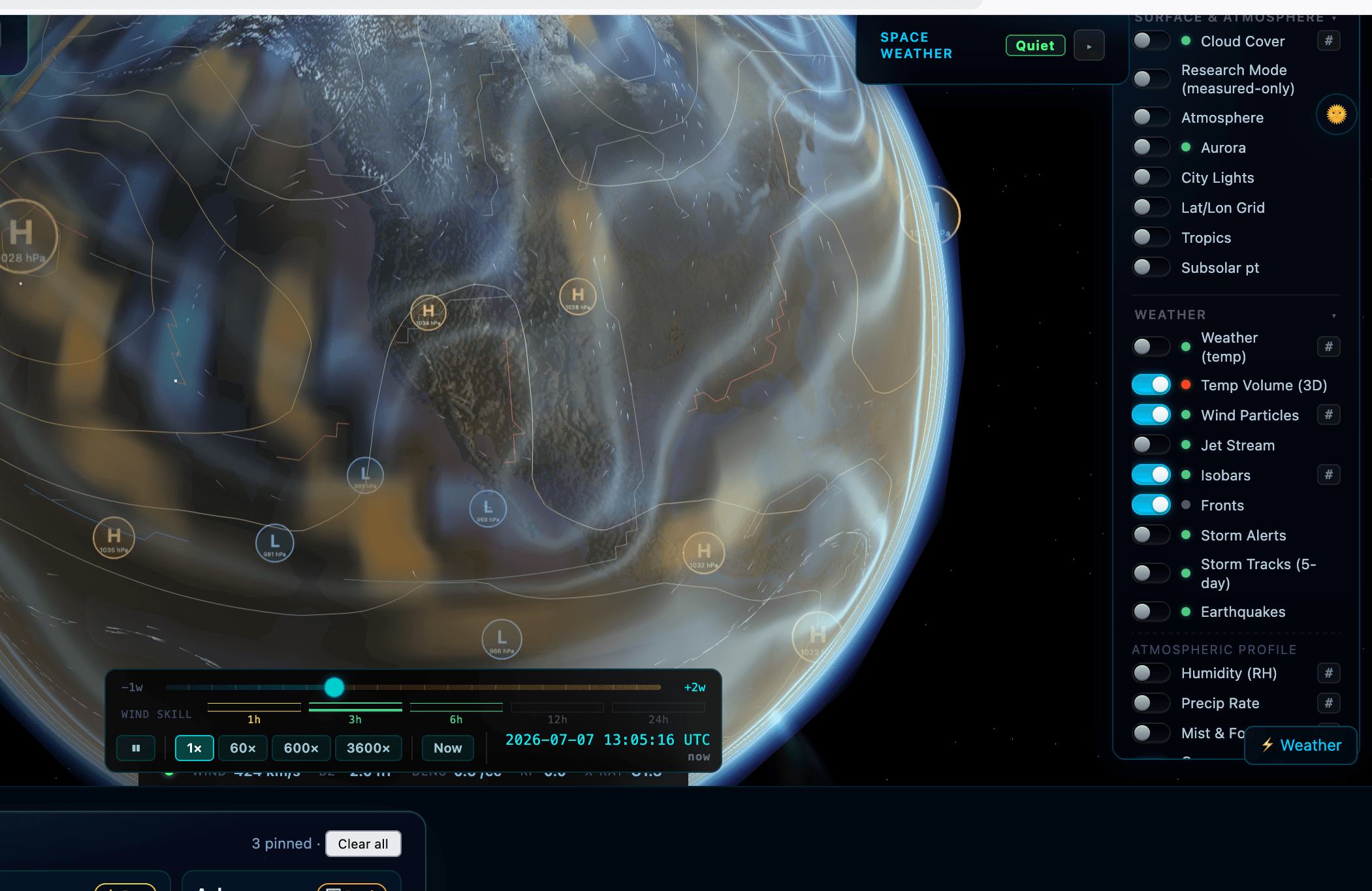 EarthView with fronts, isobars, wind stream particles, and temperature volume.